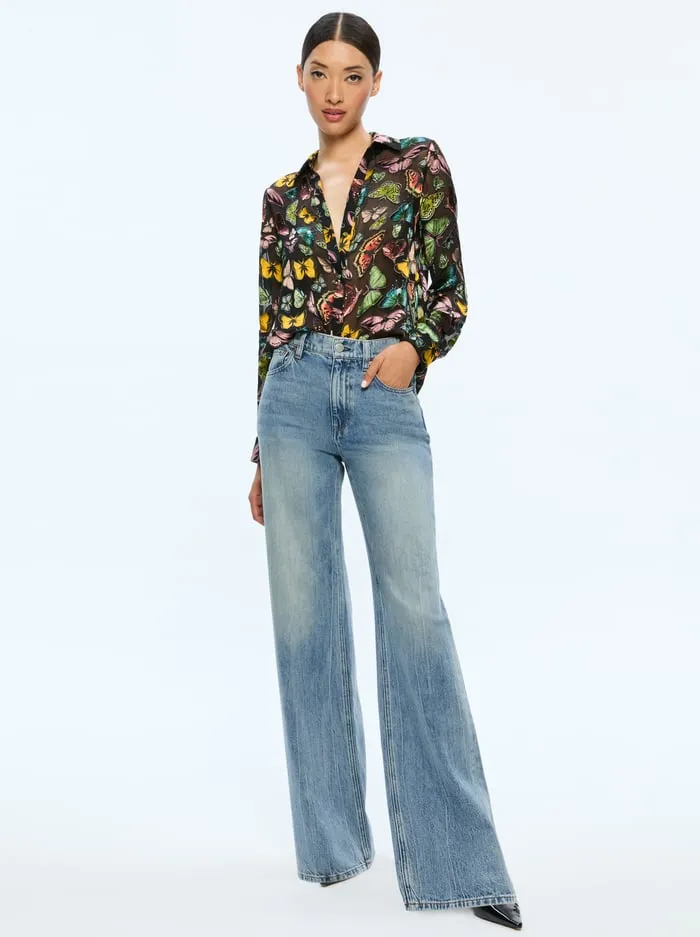Tops Women Alice Olivia Eloise Button Down Boundless Butterfly Black