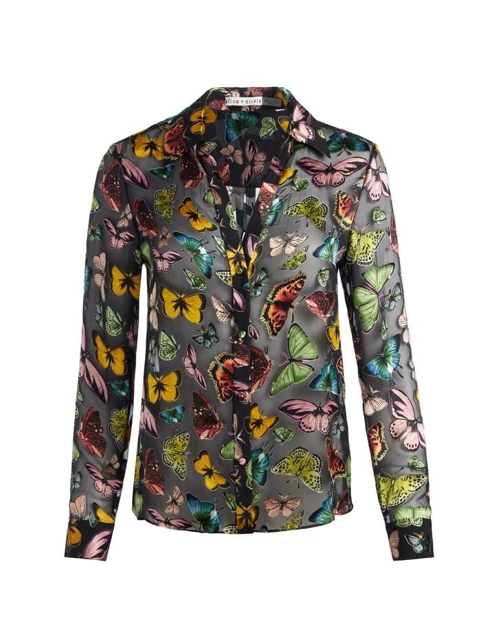 Tops Women Alice Olivia Eloise Button Down Boundless Butterfly Black