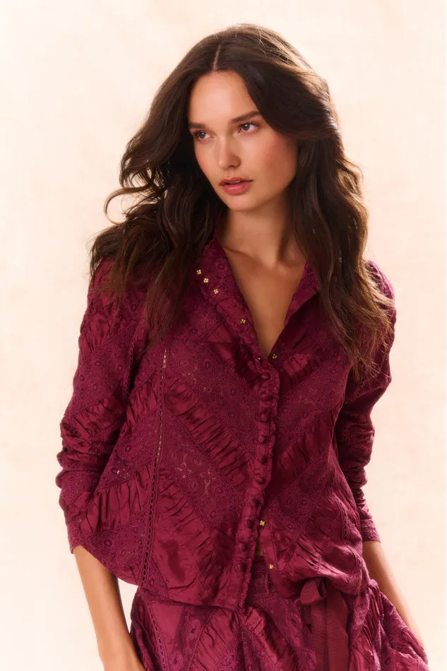Tops Women LoveShackFancy Isaline Button Down Lace Top Oxblood