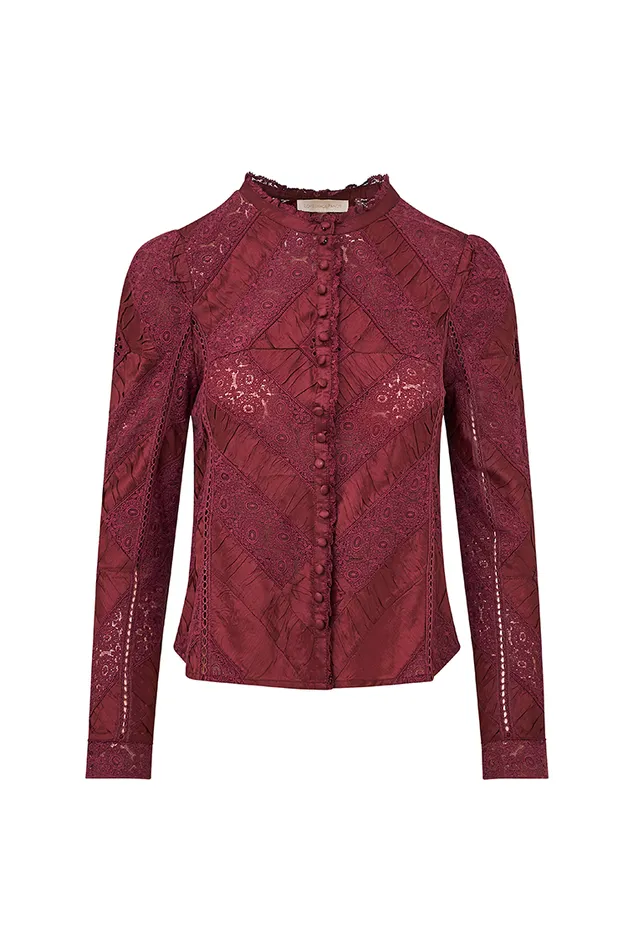 Tops Women LoveShackFancy Isaline Button Down Lace Top Oxblood