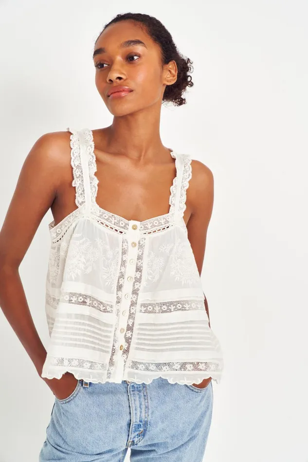 Tops Women LoveShackFancy Sully Heritage Tank Top White