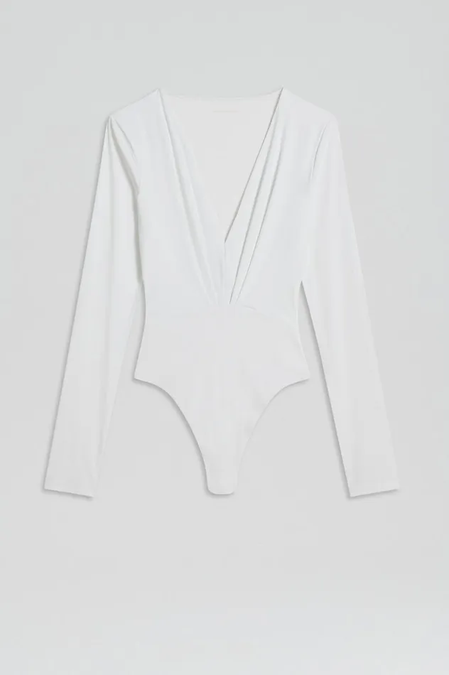 Tops Women Scanlan Theodore DRAPE VNECK BODYSUIT White Tops Women Scanlan Theodore DRAPE VNECK BODYSUIT White