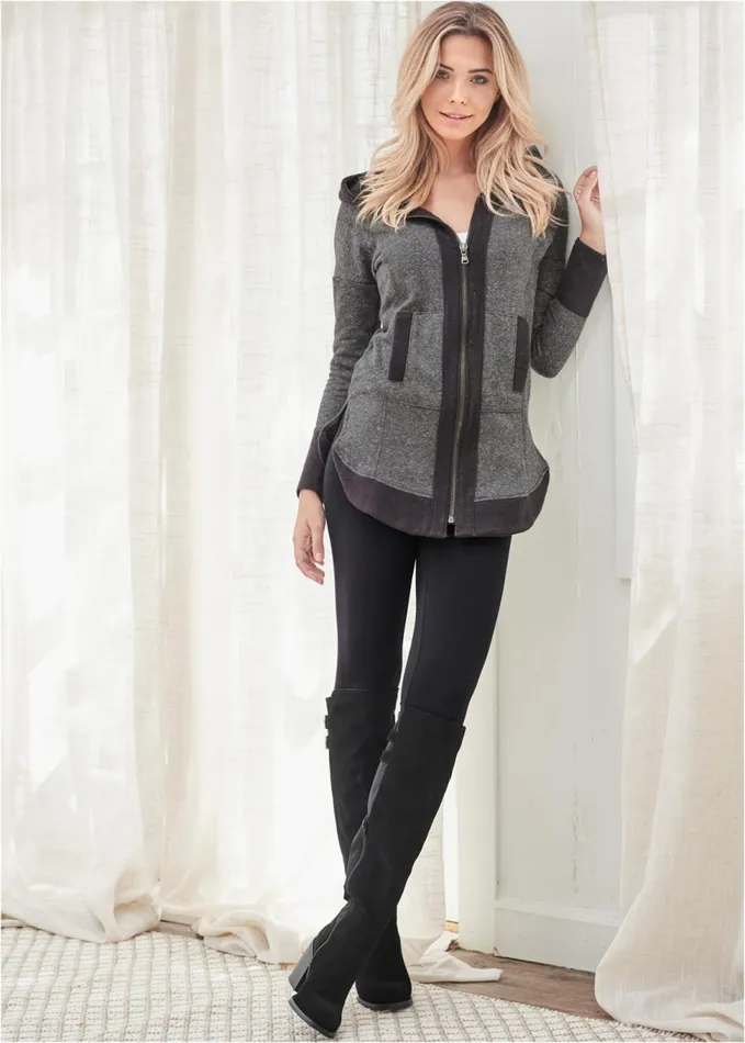 TUNIC LENGTH ZIP UP HOODIE JACKET Grey and Black Women VENUS Sweatshirts and Hoodies