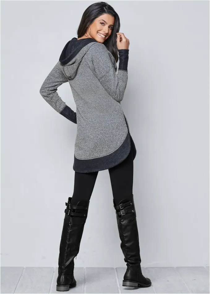 TUNIC LENGTH ZIP UP HOODIE JACKET Grey and Black Women VENUS Sweatshirts and Hoodies
