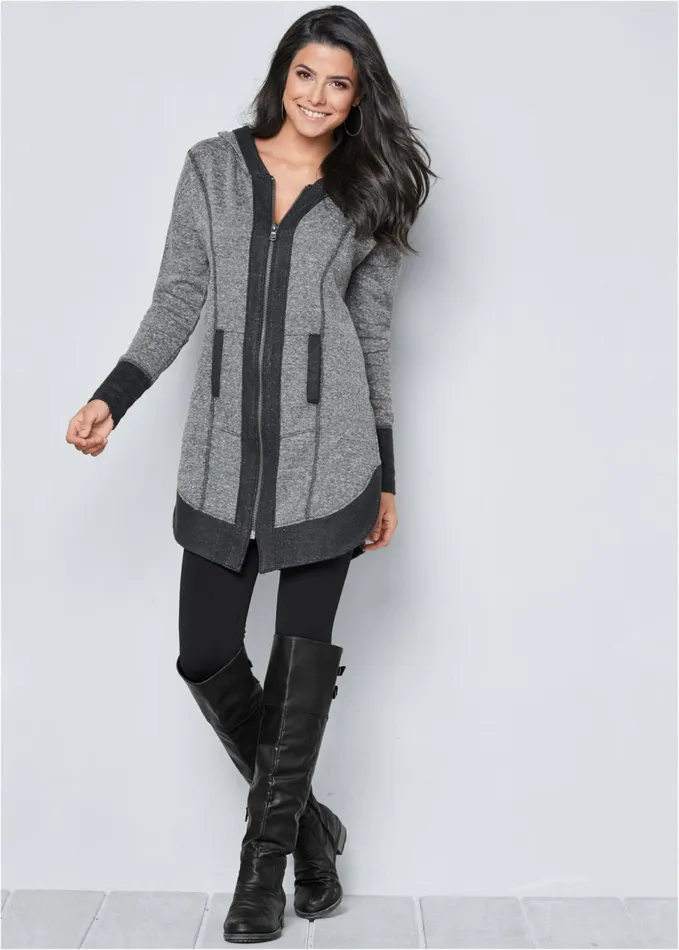 TUNIC LENGTH ZIP UP HOODIE JACKET Grey and Black Women VENUS Sweatshirts and Hoodies
