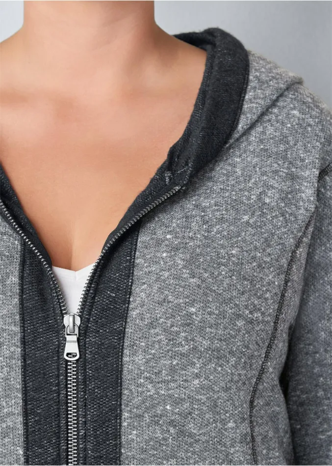TUNIC LENGTH ZIP UP HOODIE JACKET Grey and Black Women VENUS Sweatshirts and Hoodies