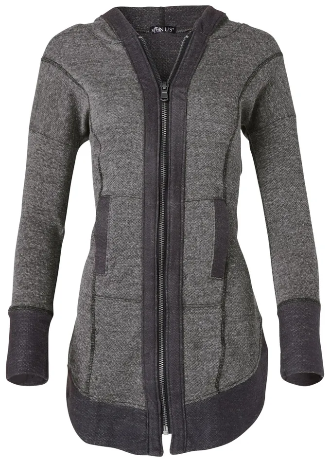 TUNIC LENGTH ZIP UP HOODIE JACKET Grey and Black Women VENUS Sweatshirts and Hoodies