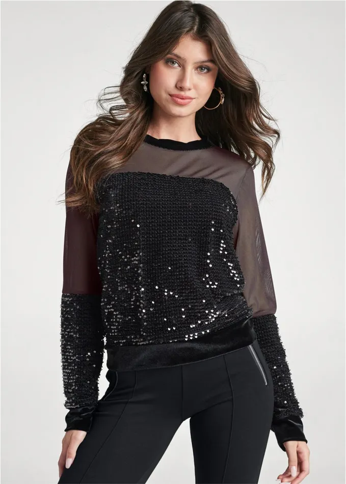 VELVET SEQUIN TOP Black Multi Women VENUS Night Out Tops