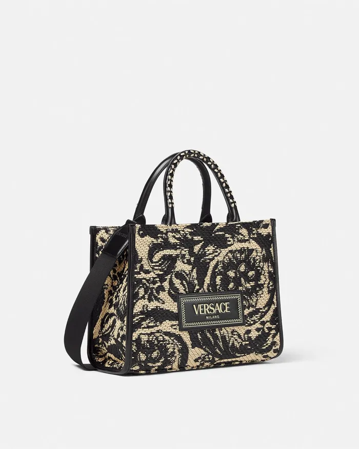 Versace Barocco Athena Raffia Small Tote Bag Blackprint Women Totes