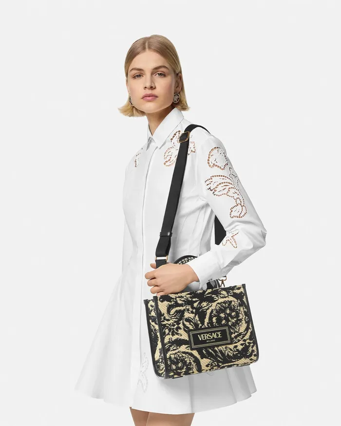 Versace Barocco Athena Raffia Small Tote Bag Blackprint Women Totes