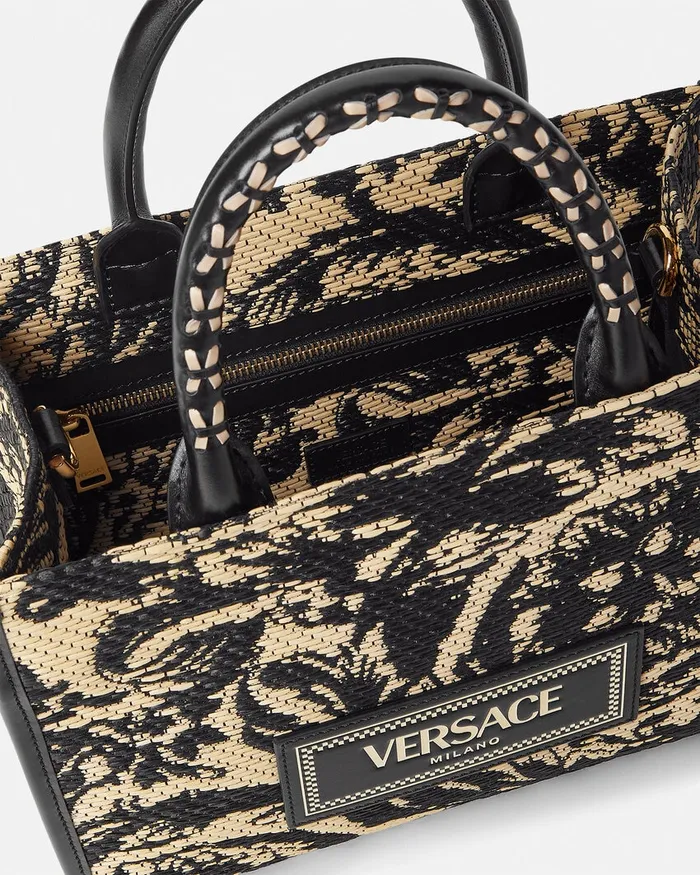 Versace Barocco Athena Raffia Small Tote Bag Blackprint Women Totes
