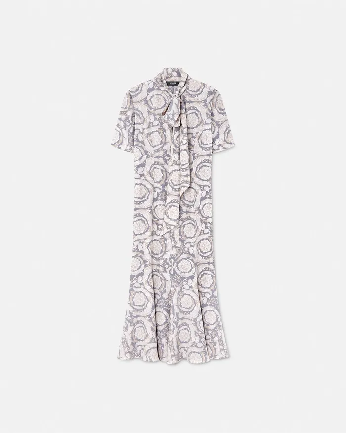 Versace Barocco Lavallire Silk Crpe Midi Dress Gray Women Dresses