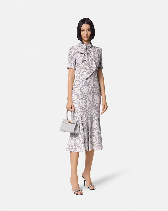 Versace Barocco Lavallire Silk Crpe Midi Dress Gray Women Dresses
