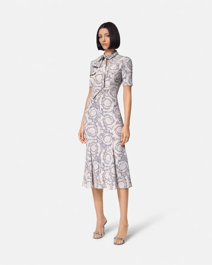 Versace Barocco Lavallire Silk Crpe Midi Dress Gray Women Dresses
