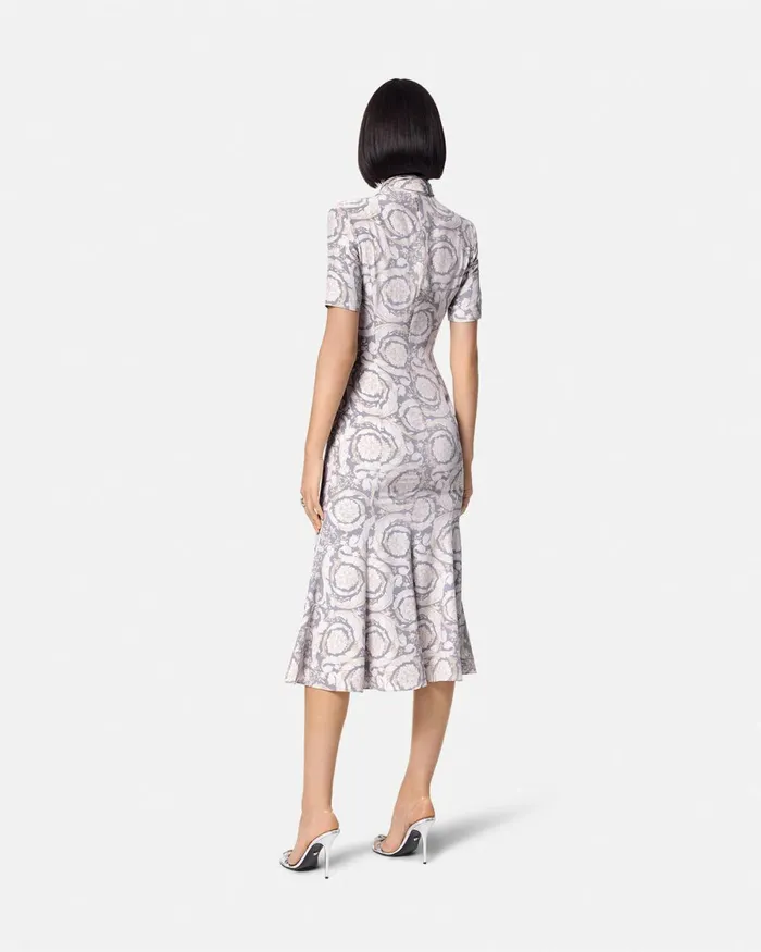 Versace Barocco Lavallire Silk Crpe Midi Dress Gray Women Dresses