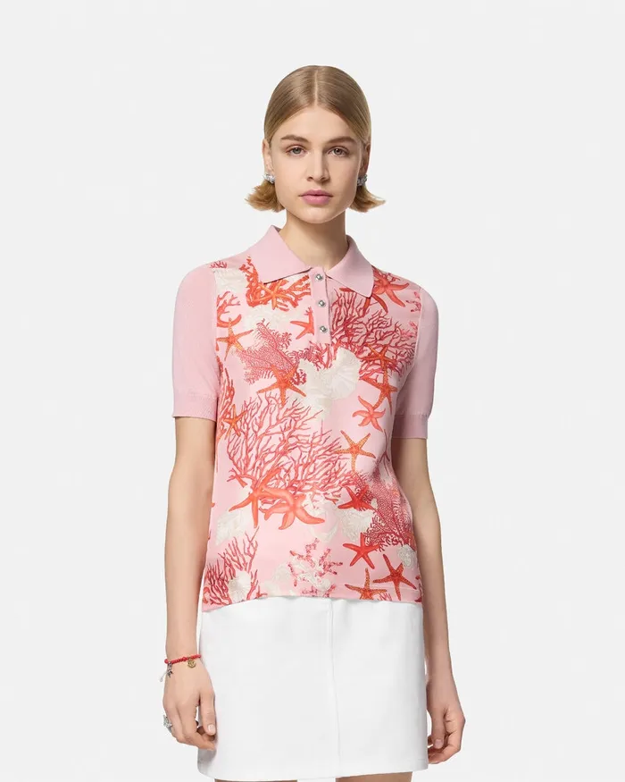 Versace Barocco Sea Knit Polo Shirt Pinkprint Women Knitwear