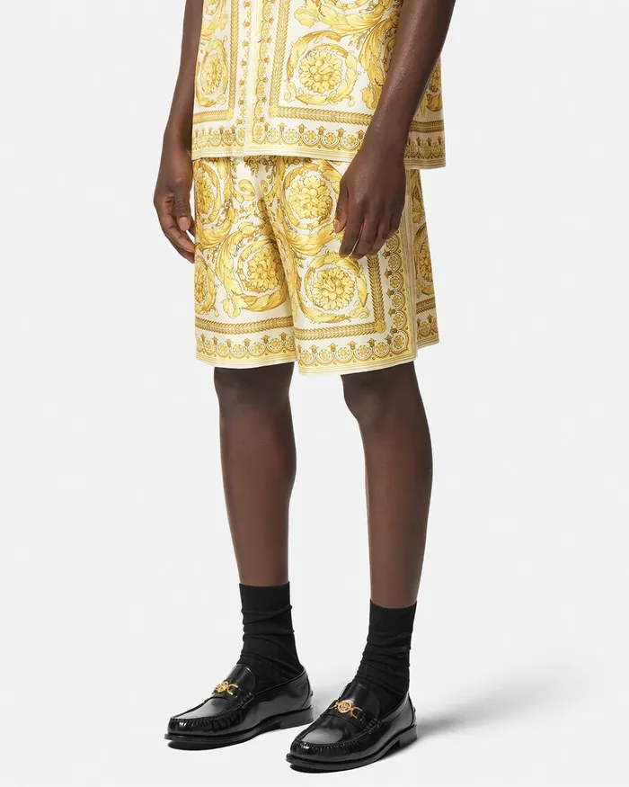 Versace Barocco Silk Shorts Yellowprint Men Pants and Shorts