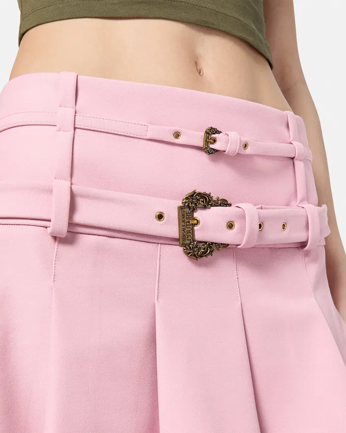 Versace Baroque Buckle Pleated Mini Skirt Pink Women Jeans Couture