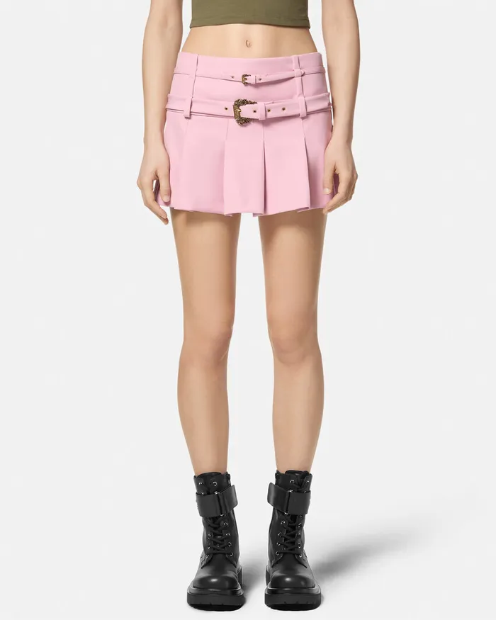 Versace Baroque Buckle Pleated Mini Skirt Pink Women Jeans Couture