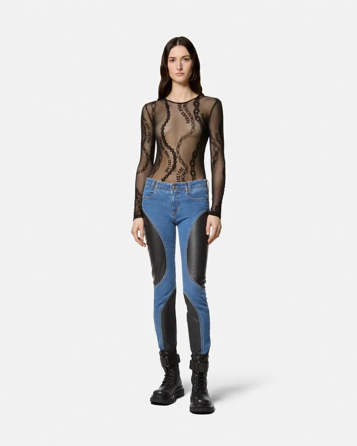 Versace Chain Couture Mesh Bodysuit Blackprint Women Jeans Couture