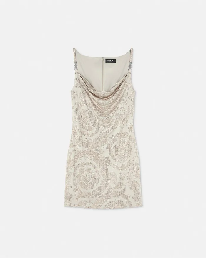 Versace Crystal Barocco Cowl Slip Mini Dress Beige Women Dresses