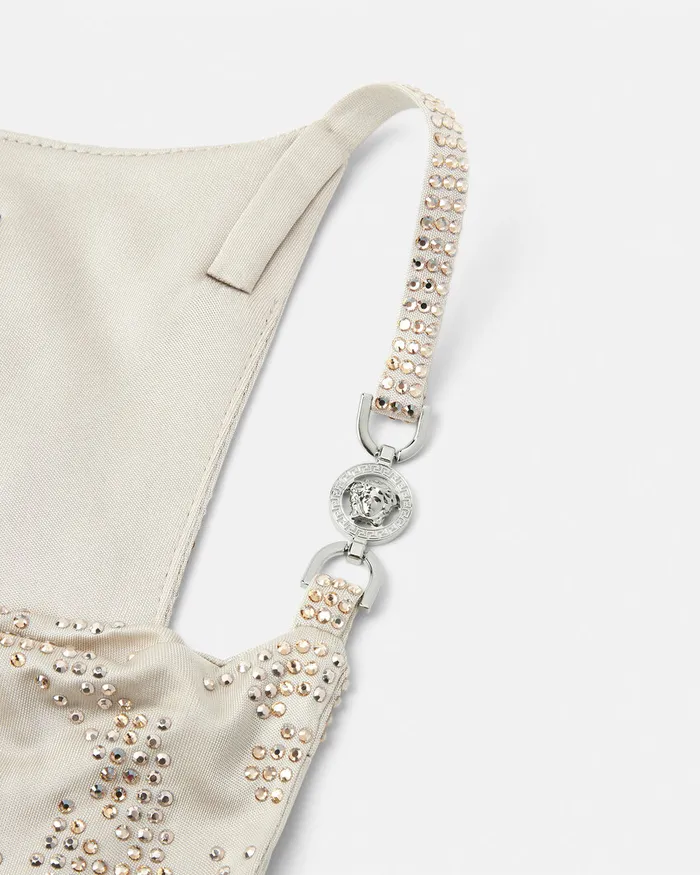 Versace Crystal Barocco Cowl Slip Mini Dress Beige Women Dresses