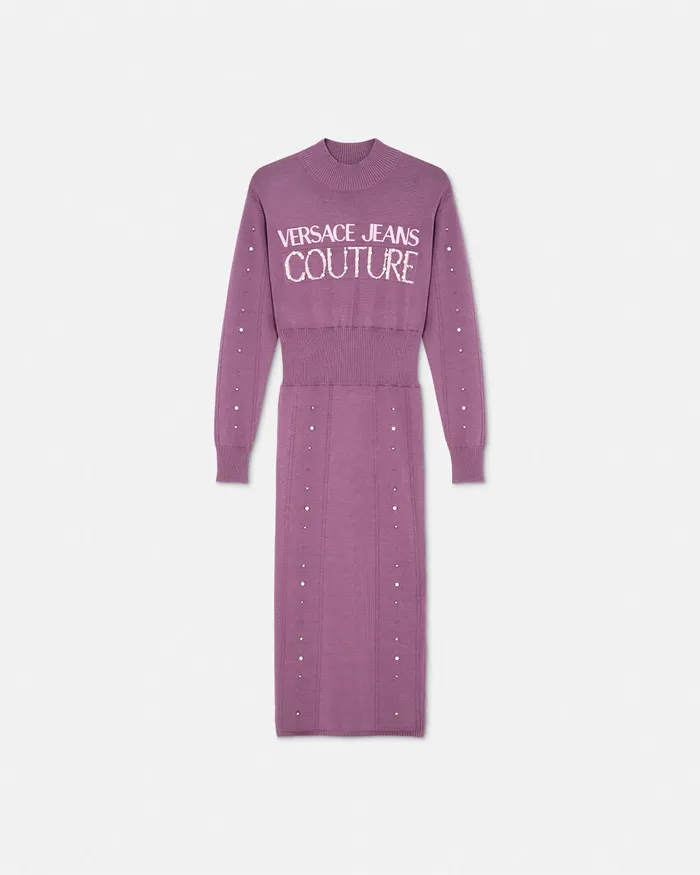 Versace Embellished Logo Knit Long Dress Purple Women Jeans Couture