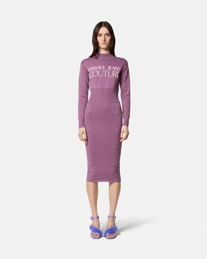 Versace Embellished Logo Knit Long Dress Purple Women Jeans Couture