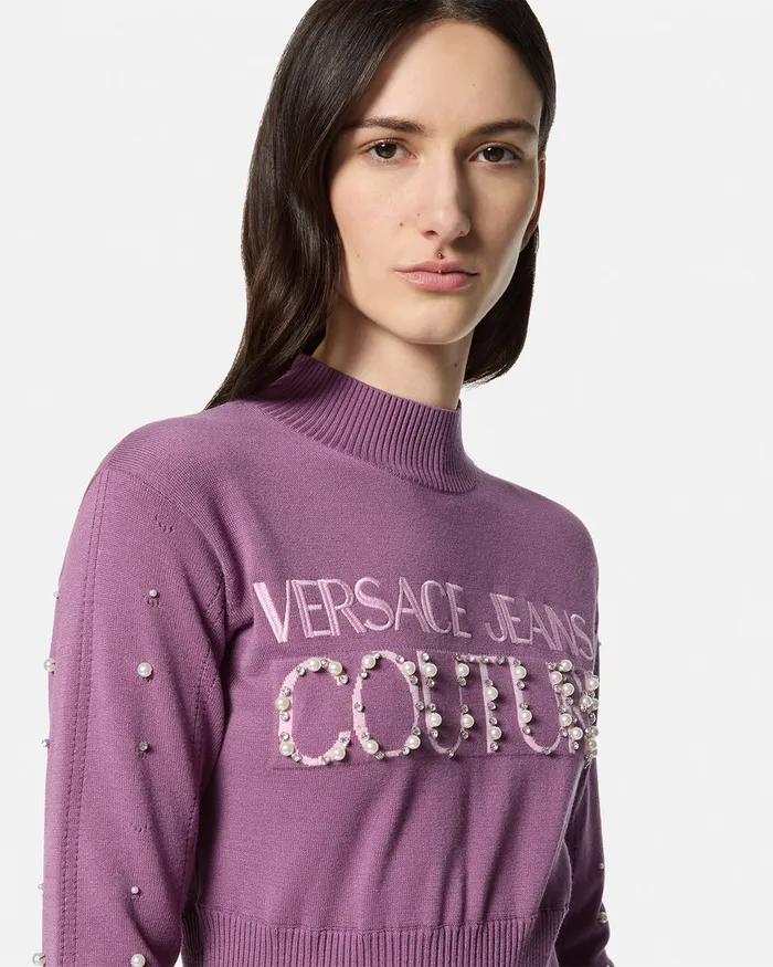 Versace Embellished Logo Knit Long Dress Purple Women Jeans Couture