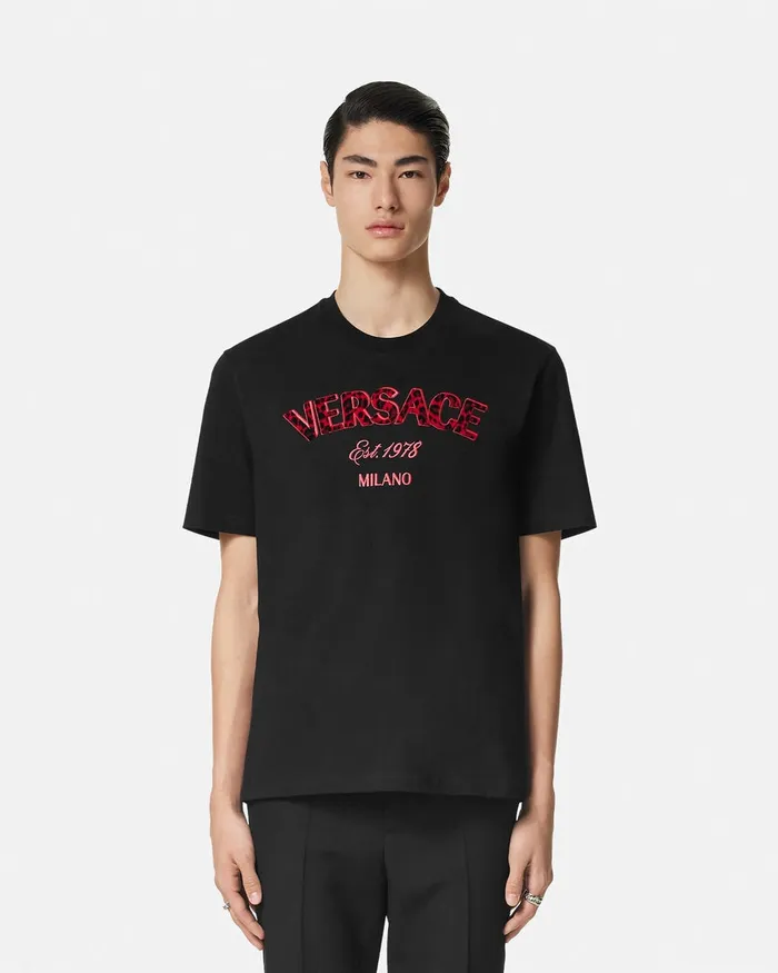Versace Embroidered Wild Stamp TShirt Black Men TShirts and Polos