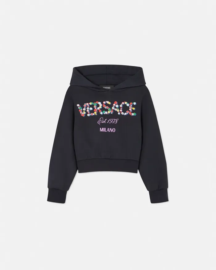 Versace Falling Flowers Logo Hoodie Blue Kids Knitwear and Sweatshirts