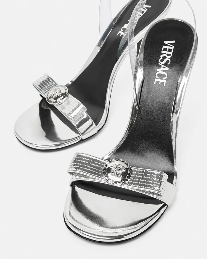 Versace Gianni Ribbon Metallic Sandals 43034 110 Mm Silver Women Sandals