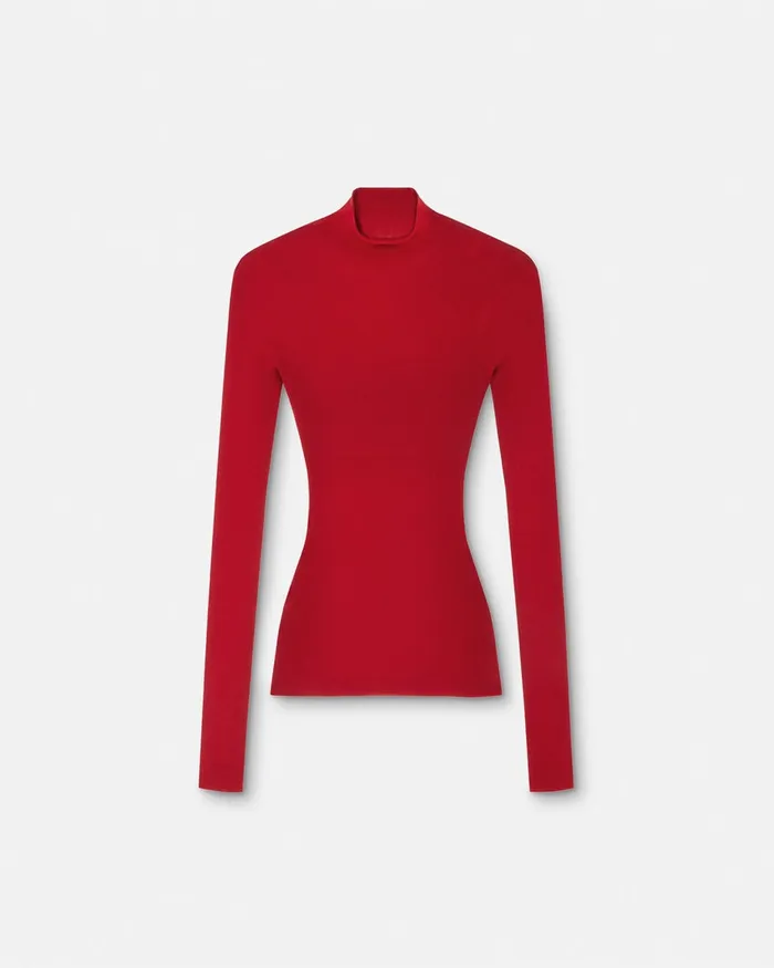 Versace Merino Wool Fitted Ribbed Knit Top Red Women Knitwear
