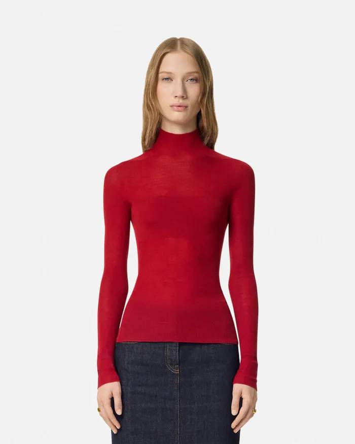 Versace Merino Wool Fitted Ribbed Knit Top Red Women Knitwear