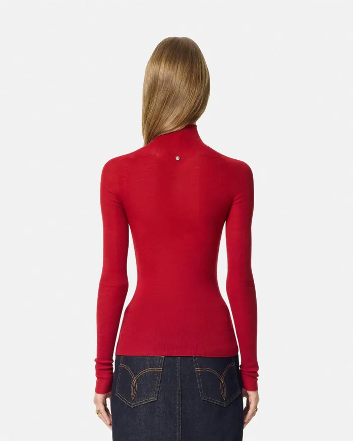 Versace Merino Wool Fitted Ribbed Knit Top Red Women Knitwear