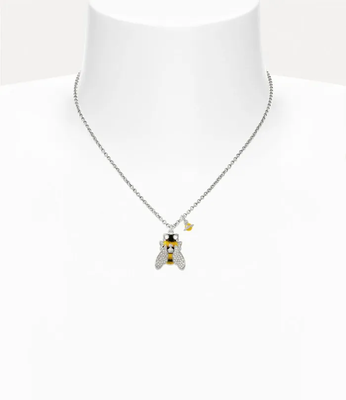 Vivienne Westwood Necklaces Women Bumble Bee Pendant Necklace Platinum White Crystal Black Yellow Enamel