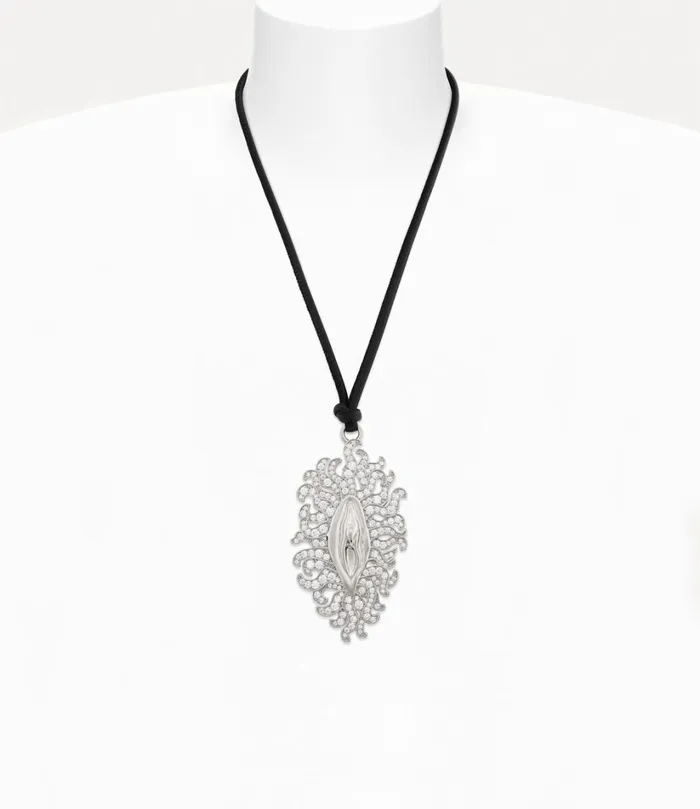 Vivienne Westwood Necklaces Women Floriana Pendant Necklace Platinum White Cz Black Leather