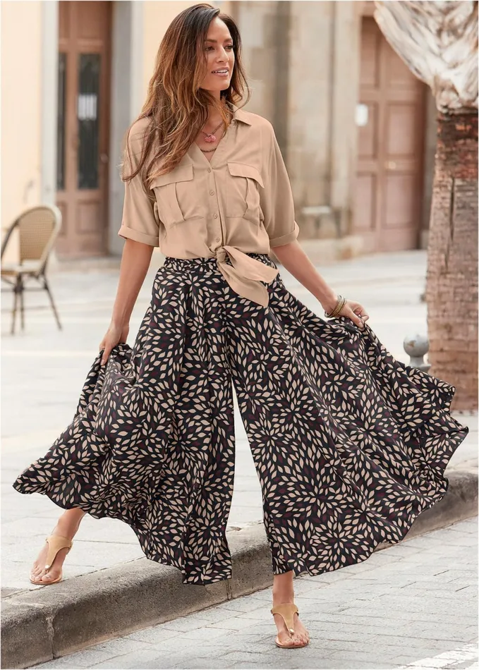 WIDE LEG CULOTTE PANTS Brown Multi Women VENUS Casual
