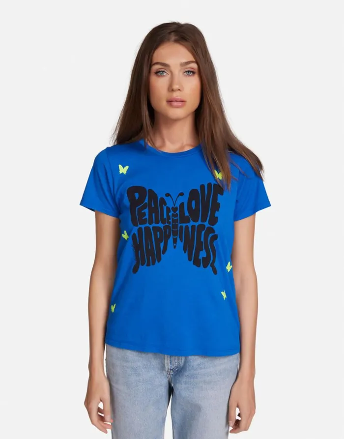 Women039s Croft Neon Peace Love Butterflies Vibrant Blue Lauren Moshi Short Sleeve