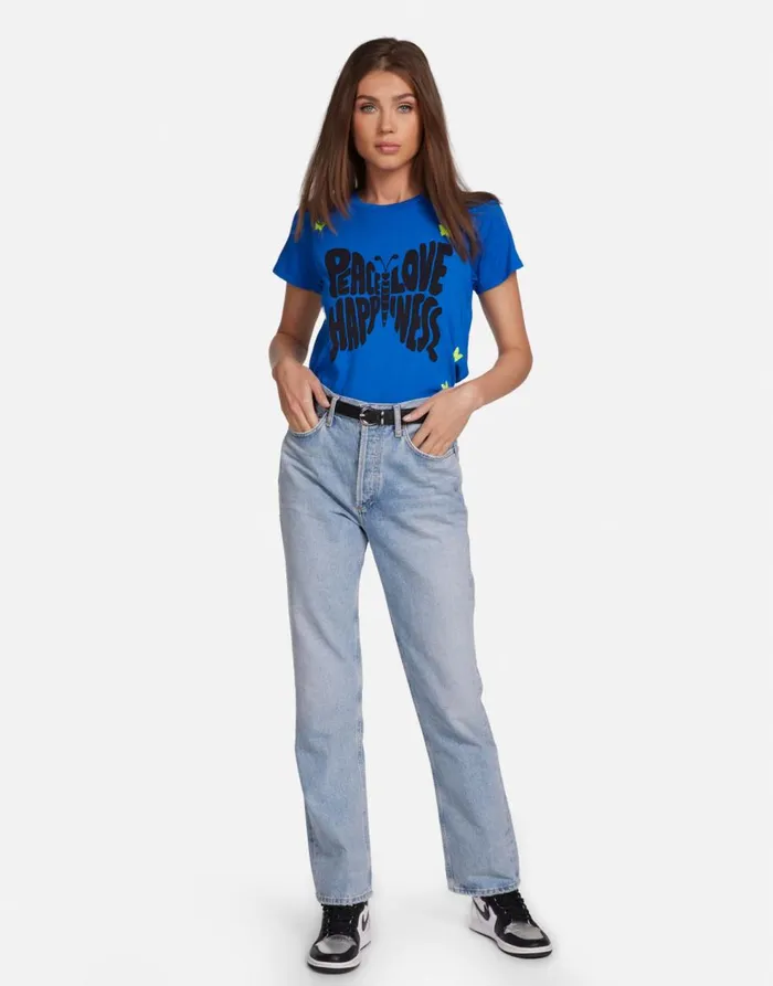 Women039s Croft Neon Peace Love Butterflies Vibrant Blue Lauren Moshi Short Sleeve