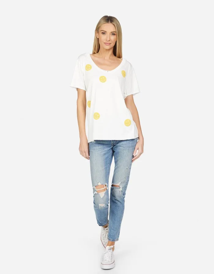 Women039s Elara All Over Yellow Smiley Milk Lauren Moshi Short Sleeve