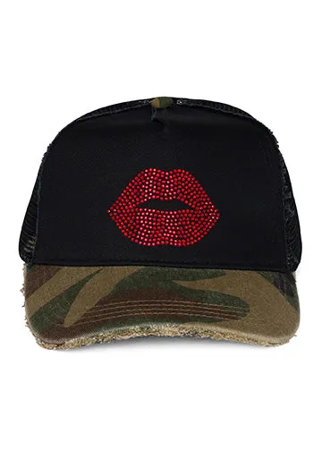 Women039s Jilly Crystal Red Lip Black Camo Lauren Moshi Hats