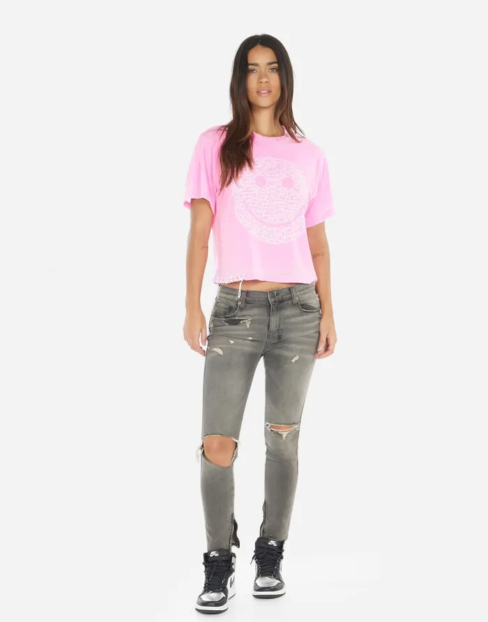 Women039s Linnea Positive Happyface Neon Pink Burnout Lauren Moshi Short Sleeve