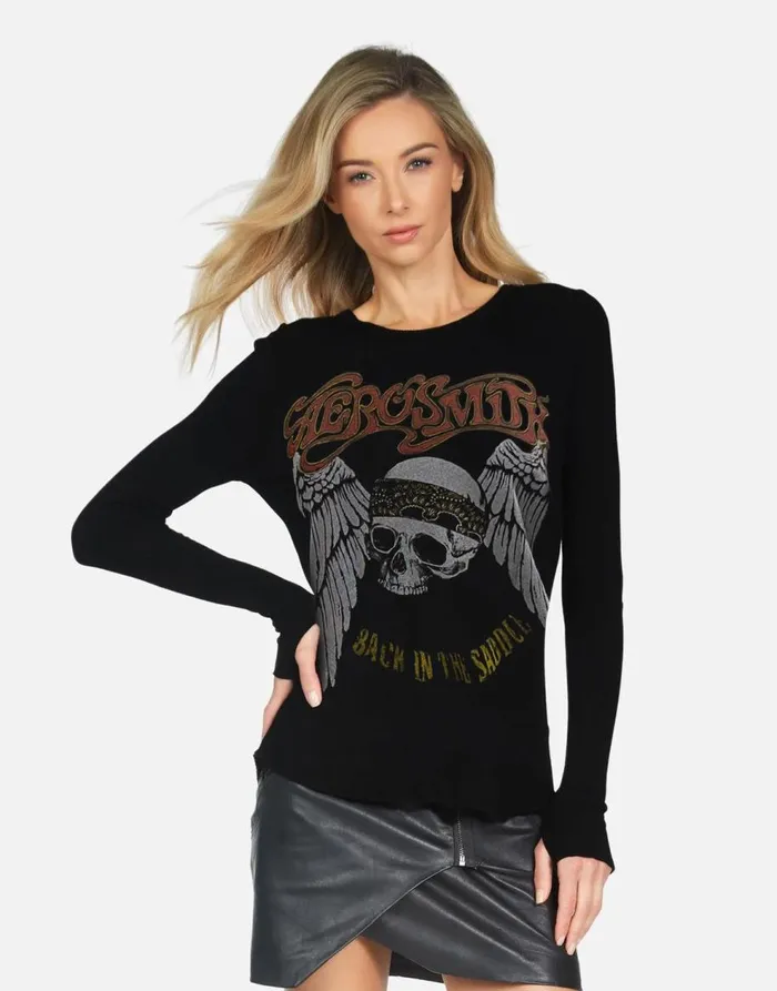 Women039s McKinley X Aerosmith Skull Black Lauren Moshi Long Sleeve