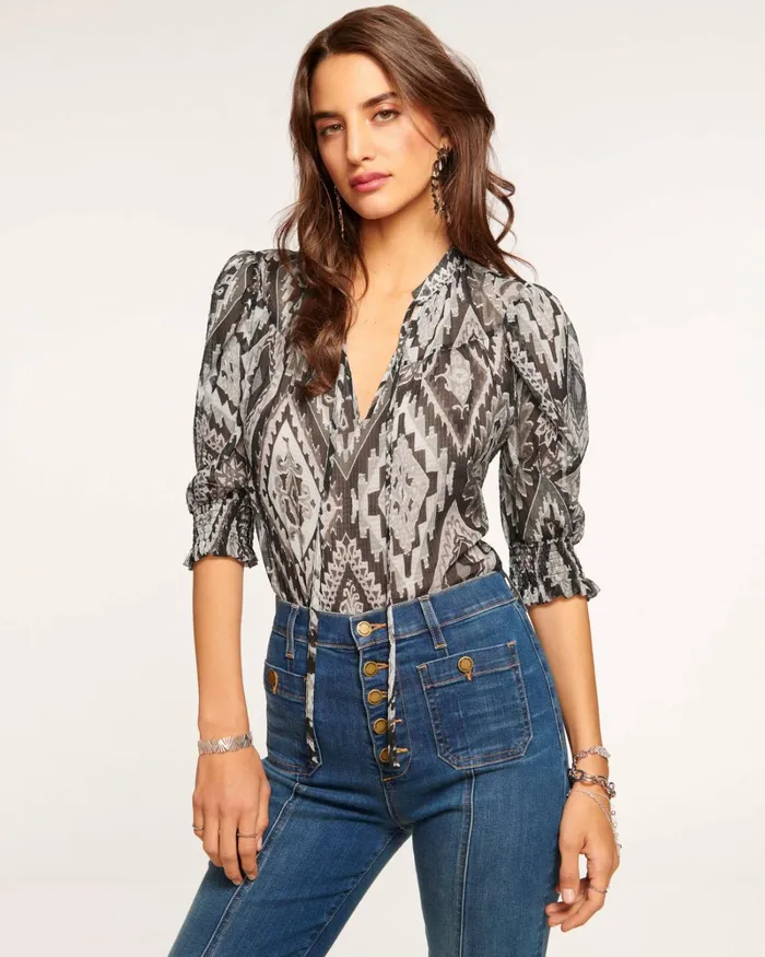 Women Adalynn Puff Sleeve Blouse Black Diamond Ramy Brook Tops