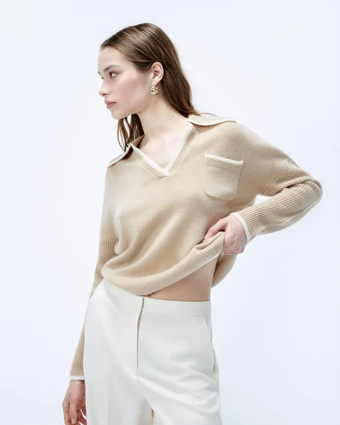 Women Cashmere Sweaters From Future TwoTone Polo Neck Sweater Beige