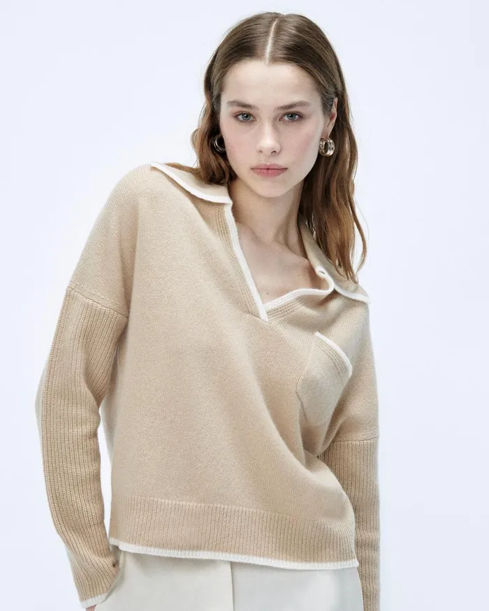 Women Cashmere Sweaters From Future TwoTone Polo Neck Sweater Beige