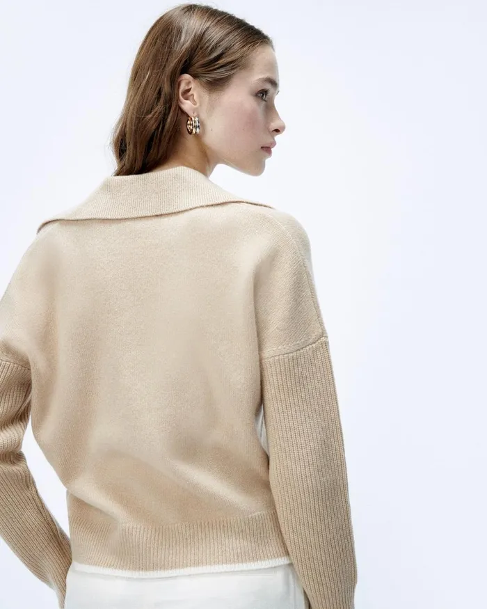 Women Cashmere Sweaters From Future TwoTone Polo Neck Sweater Beige