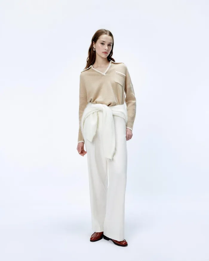 Women Cashmere Sweaters From Future TwoTone Polo Neck Sweater Beige