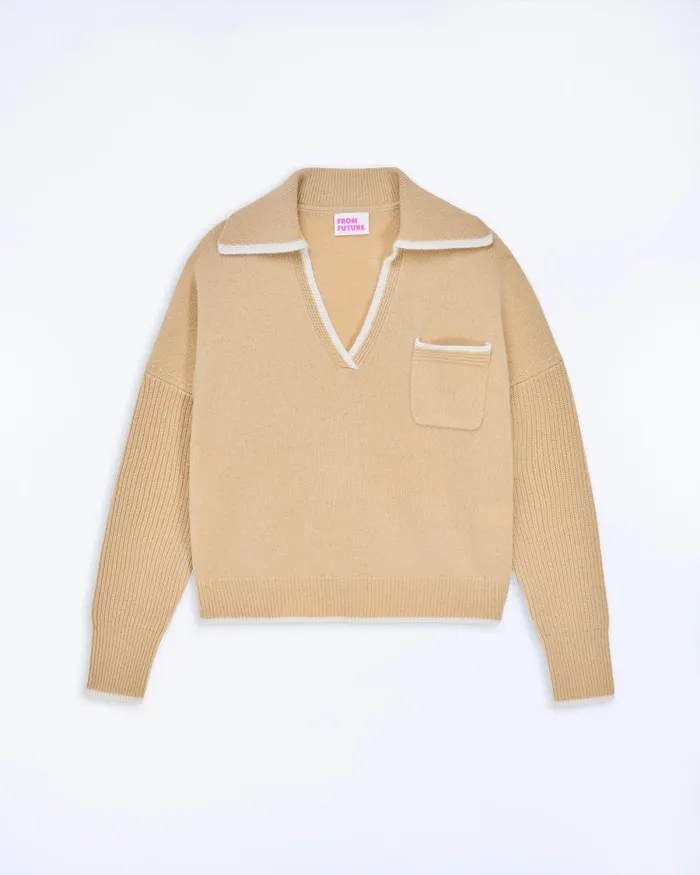 Women Cashmere Sweaters From Future TwoTone Polo Neck Sweater Beige